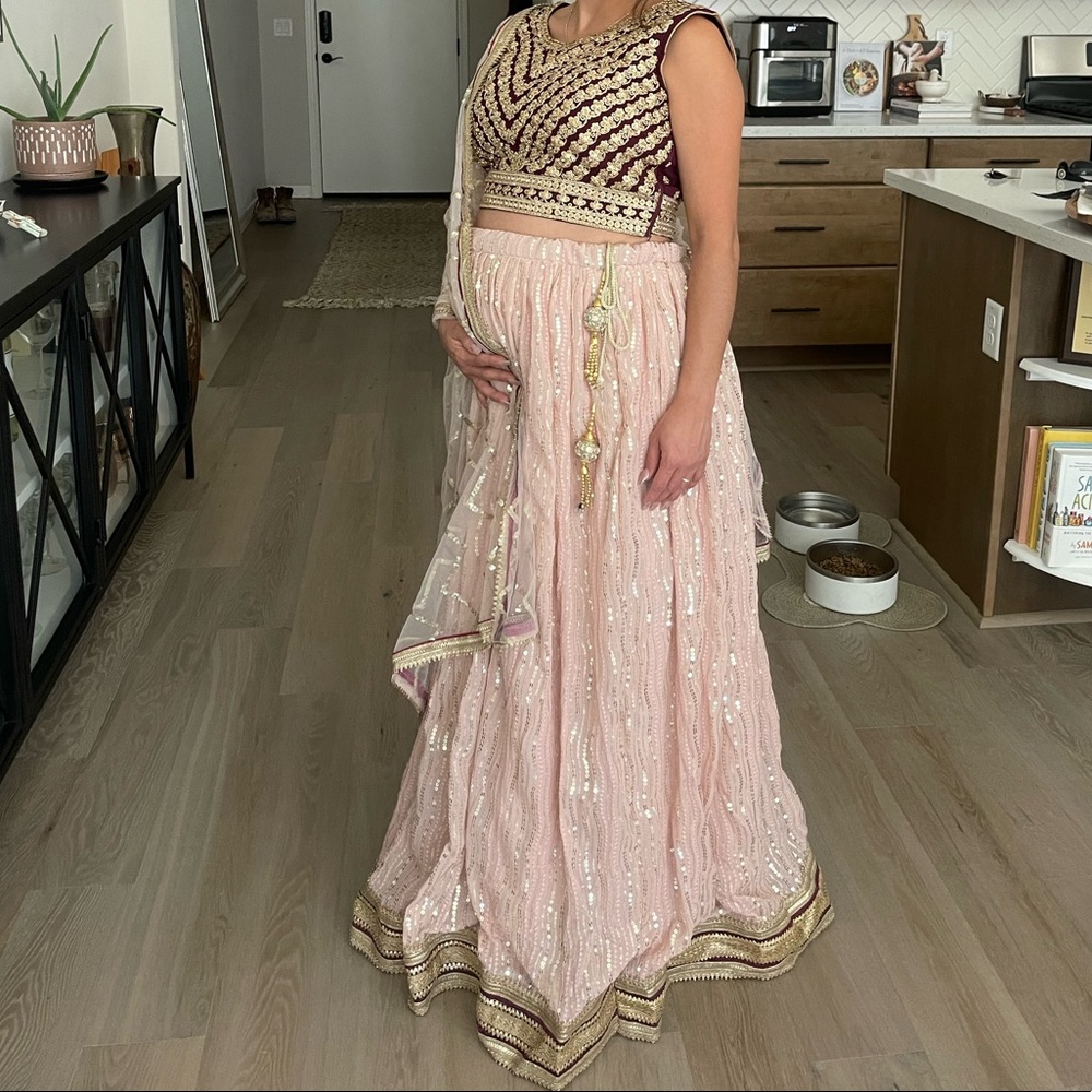 Blush, Maroon, and Gold lehenga Choli with Dupatta - never worn just tried on